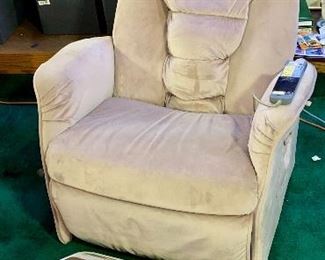 Lot 5213. $235.00  Household Massage Lounger. Massage chair recliner model EP588E features back, neck, and foot massage with multiple settings plus user programmable.  Independent back recline and foot rest operation. Beige Microfiber, plus Panasonic Foot Massager.  32"w x 29"d x 43"tall
