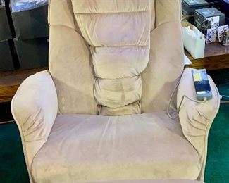 Lot 5213. $235.00  Household Massage Lounger. Massage chair recliner model EP588E features back, neck, and foot massage with multiple settings plus user programmable.  Independent back recline and foot rest operation. Beige Microfiber, plus Panasonic Foot Massager.  32"w x 29"d x 43"tall