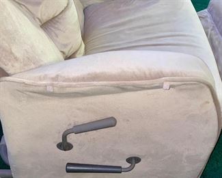 Lot 5213. $235.00  Household Massage Lounger. Massage chair recliner model EP588E features back, neck, and foot massage with multiple settings plus user programmable.  Independent back recline and foot rest operation. Beige Microfiber, plus Panasonic Foot Massager.  32"w x 29"d x 43"tall