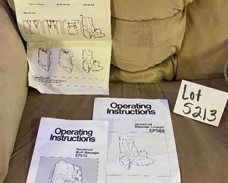 Lot 5213. $235.00  Household Massage Lounger. Massage chair recliner model EP588E features back, neck, and foot massage with multiple settings plus user programmable.  Independent back recline and foot rest operation. Beige Microfiber, plus Panasonic Foot Massager.  32"w x 29"d x 43"tall