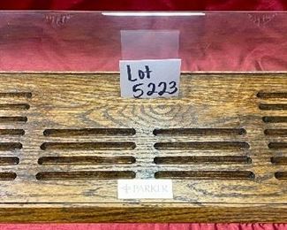 Lot 5223. $175.00. Vintage and Unique Parker Pen Display Case,  Storage for 22 Parker Pen Display with Custom Plexiglas Cover.  Whether you collect pens or resell,  this is a fantastic way to display your pens. The oak base is solid with the Parker placard.   29.5"w x 11"d x 7"t