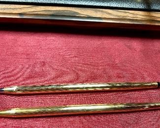 Lot 5228. $1,995.00  VERY RARE Vintage Cross Solid 14k Gold (41.1 Grams) Double Base Desk Set #5286 Macassar Walnut & Leather, 14k Gold Pen & Pencil. 41.1 grams of 14K Gold. This is unique in that it is New and with original box set as opposed to Pen and Pencil alone.  We are simultaneously running this on eBay as well.  