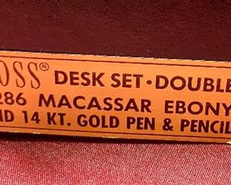 Lot 5228. TBD. VERY RARE Vintage Cross Solid 14k Gold Double Base Desk Set #5286 Macassar Walnut & Leather, 14k Gold Pen & Pencil.  Currently on eBay is the set of just Pen and Pencil for $1,899.00.  