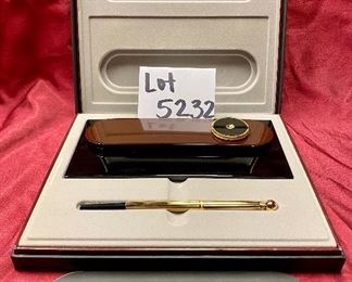 Lot 5232. $75.00 Parker Premier Collection Desk set with Electroplated Gold Pen with Jet Crystal Base: 12" L x  3" W