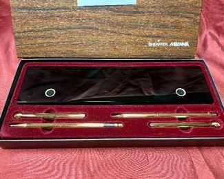 Lot 5234. $50.00. Schaeffer Millennia Double Pen/Pencil Set. Electroplated Gold Pen & Pencil JC1 Jet Crystal Base: 12" L x 3" W