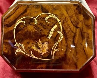 Lot 5238. $35.00 BEAUTIFUL Wood Inlay Music Box, by Jobin of Switzerland Music Box. Plays "Wind Beneath My Wings" would be a great valentine's day gift!  #2053401. Includes original box and dust cover.