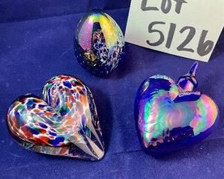 Lot 5126. $60.00  3 art glass pieces, 2 are signed.  1 Murano style heart from 2001 (4"long),  iridescent egg (3" H), and 1 blue hanging heart with lovely iridescent sheen and hanging area (for window or a tree)