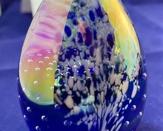 Lot 5126. $60.00  3 art glass pieces, 2 are signed.  1 Murano style heart from 2001 (4"long),  iridescent egg (3" H), and 1 blue hanging heart with lovely iridescent sheen and hanging area (for window or a tree)