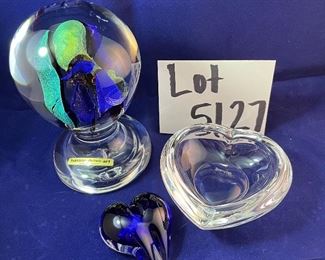 Lot 5127. $148.00  Mid-century Studio Art Glass Dichroic Pedestal Paperweight "Kaspar-Dichro-Art reine xandarbeit" label, really cool piece (6"Hx3.5"W), Orrefors Sweden Heart Dish 2"W 2.75"H, and a small cobalt heart (signed)