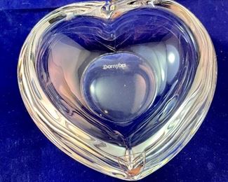Lot 5127. $148.00  Mid-century Studio Art Glass Dichroic Pedestal Paperweight "Kaspar-Dichro-Art reine xandarbeit" label, really cool piece (6"Hx3.5"W), Orrefors Sweden Heart Dish 2"W 2.75"H, and a small cobalt heart (signed)