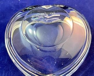 Lot 5127. $148.00  Mid-century Studio Art Glass Dichroic Pedestal Paperweight "Kaspar-Dichro-Art reine xandarbeit" label, really cool piece (6"Hx3.5"W), Orrefors Sweden Heart Dish 2"W 2.75"H, and a small cobalt heart (signed)