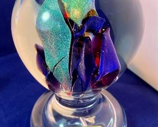 Lot 5127. $148.00  Mid-century Studio Art Glass Dichroic Pedestal Paperweight "Kaspar-Dichro-Art reine xandarbeit" label, really cool piece (6"Hx3.5"W), Orrefors Sweden Heart Dish 2"W 2.75"H, and a small cobalt heart (signed)