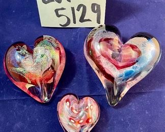 Lot 5129. $50.00  Set of 3 art glass hearts. Large 4" W  x 4.25" H  medium  Dichoric 3" W  x  3.5"H, small Murano style 2" W x 2.5" H