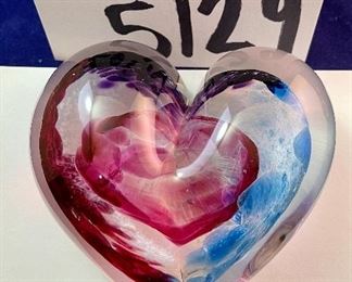 Lot 5129. $50.00  Set of 3 art glass hearts. Large 4" W  x 4.25" H  medium  Dichoric 3" W  x  3.5"H, small Murano style 2" W x 2.5" H