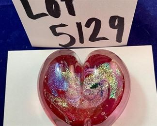 Lot 5129. $50.00  Set of 3 art glass hearts. Large 4" W  x 4.25" H  medium  Dichoric 3" W  x  3.5"H, small Murano style 2" W x 2.5" H