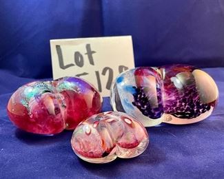 Lot 5129. $50.00  Set of 3 art glass hearts. Large 4" W  x 4.25" H  medium  Dichoric 3" W  x  3.5"H, small Murano style 2" W x 2.5" H