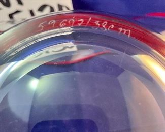 Lot 5130. $195.00   Kissy Kissy, Very Unique Lip Bowl 15"L x 11" W x 5"H , Lip Vase 13.5"h x 8"w x 5.5"deep. Both of these are crystal. There are numbers etched (59697 on the bowl & 59695 on the vase). Kosta Boda? 