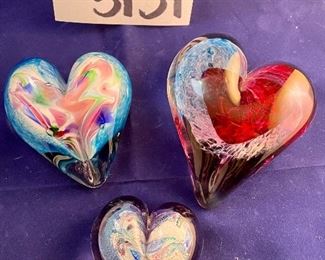 Lot 5131. $60.00  Lot of 3 art glass signed hearts. Heart in Heart, Heart Abstract, Purple Dichroic.  Dimensions: lg: 4" W x 4.25"H; med: 3.5" W x 4"H; sm: 2.5" W x3" H