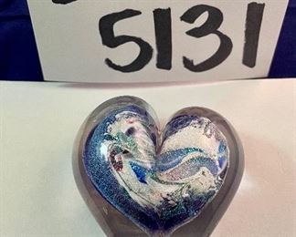 Lot 5131. $60.00  Lot of 3 art glass signed hearts. Heart in Heart, Heart Abstract, Purple Dichroic.  Dimensions: lg: 4" W x 4.25"H; med: 3.5" W x 4"H; sm: 2.5" W x3" H