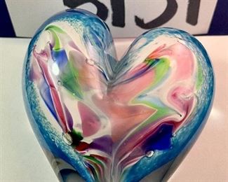 Lot 5131. $60.00  Lot of 3 art glass signed hearts. Heart in Heart, Heart Abstract, Purple Dichroic.  Dimensions: lg: 4" W x 4.25"H; med: 3.5" W x 4"H; sm: 2.5" W x3" H