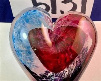 Lot 5131. $60.00  Lot of 3 art glass signed hearts. Heart in Heart, Heart Abstract, Purple Dichroic.  Dimensions: lg: 4" W x 4.25"H; med: 3.5" W x 4"H; sm: 2.5" W x3" H
