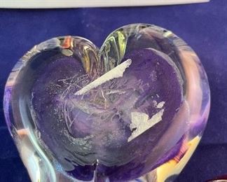 Lot 5131. $60.00  Lot of 3 art glass signed hearts. Heart in Heart, Heart Abstract, Purple Dichroic.  Dimensions: lg: 4" W x 4.25"H; med: 3.5" W x 4"H; sm: 2.5" W x3" H