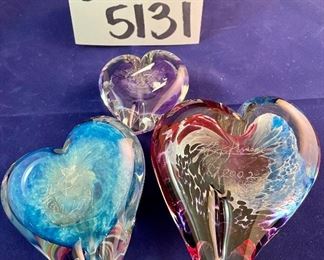 Lot 5131. $60.00  Lot of 3 art glass signed hearts. Heart in Heart, Heart Abstract, Purple Dichroic.  Dimensions: lg: 4" W x 4.25"H; med: 3.5" W x 4"H; sm: 2.5" W x3" H
