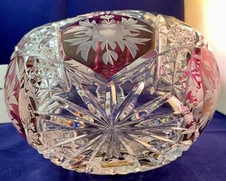 Lot 5132. $45.00  Ruby and Clear Paperweight Cut glass, nice and sharp (3" W x 3" H x 2" D), Ruby and Clear Crystal Handled Basket (7.5". H x 8" W x 4.5" D), Art Glass Paperweight.