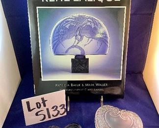 Lot 5133. $108.00. Hey Valentine!  Oscar De La Renta Austrian Crystal Heart Clock (3.5"w x 3.5"h), Pretty Lalique 2 pc box. Signed 4.25"x4" and the Art of Rene Lalique Coffee Table Book