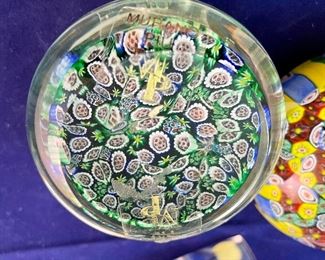 Lot 5134. $45.00  2 Murano Piu Millefiori Paperweights each 2.5" W x 2" H, and a double heart glass accent piece 4" W x 4" D x 2" H