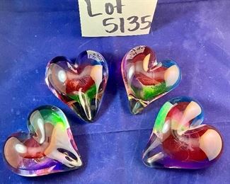 Lot 5135. $22.00 ea.  Pretty Heart Shaped Art glass paperweight, sold individually. Signed by artist. We have 4 of these (all photographed together)
