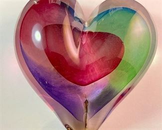 Lot 5135. $22.00 ea.  Pretty Heart Shaped Art glass paperweight, sold individually. Signed by artist. We have 4 of these (all photographed together)