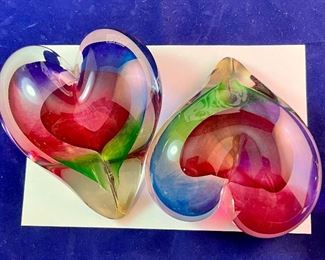Lot 5135. $22.00 ea.  Pretty Heart Shaped Art glass paperweight, sold individually. Signed by artist. We have 4 of these (all photographed together)