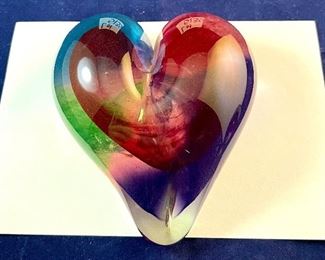Lot 5135. $22.00 ea.  Pretty Heart Shaped Art glass paperweight, sold individually. Signed by artist. We have 4 of these (all photographed together)
