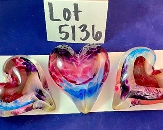 Lot 5136. $60.00 Lot of 3 large Art Glass Paperweights 4" H x 4.5" W.  signed and dated heart within a heart. Very cool gift for your Valentine!