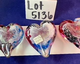 Lot 5136. $60.00 Lot of 3 large Art Glass Paperweights 4" H x 4.5" W.  signed and dated heart within a heart. Very cool gift for your Valentine!