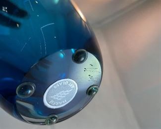 Lot 5077. $100.00  Gorgeous Paul Harrie Teal/Azure/Clear Art Glass Vase. 7.75" H x 4" W Signed. teardrop shape. Paul Harrie had his own studio in Southern California since 1980 and he passed in 2016.  His work is acclaimed worldwide,  We have 1 of these available,  