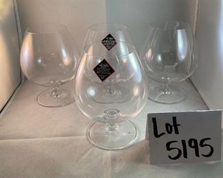 Lot 5195. $58.00 for each set of 4 Reidel Brandy glasses. From the Vinum line 416/8. These are available at $59 a pair all over. We have 2 sets of 4 glasses (2 boxes). 	6"h and 4.25" at base.