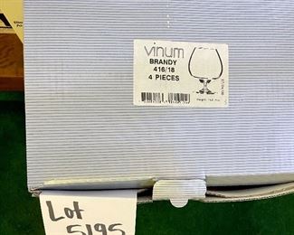 Lot 5195. $58.00 for each set of 4 Reidel Brandy glasses. From the Vinum line 416/8. These are available at $59 a pair all over. We have 2 sets of 4 glasses (2 boxes). 	6"h and 4.25" at base.