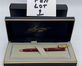 Pen Lot 1  $100.00. New Cross Signature Series #6102 Burgundy Lacquer Ballpoint with inner and outer boxes	 