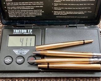 Lot 5228. $1,995.00  VERY RARE Vintage Cross Solid 14k Gold (41.1 Grams) Double Base Desk Set #5286 Macassar Walnut & Leather, 14k Gold Pen & Pencil. 41.1 grams of 14K Gold. This is unique in that it is New and with original box set as opposed to Pen and Pencil alone.  We are simultaneously running this on eBay as well.  