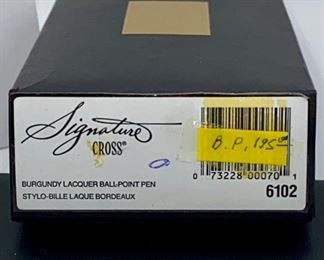 Pen Lot 1  $100.00. New Cross Signature Series #6102 Burgundy Lacquer Ballpoint with inner and outer boxes	 