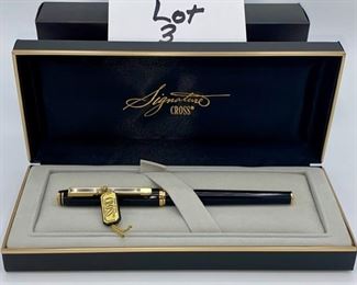 Pen Lot 3  $125.00  New Cross Signature Series #6006-F Black Lacquer Fountain Pen with case and cartridge		