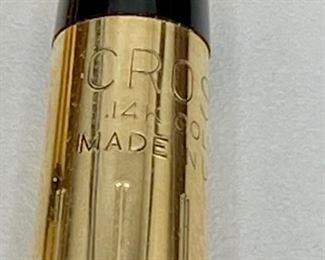 Lot 5228. $1,995.00  VERY RARE Vintage Cross Solid 14k Gold (41.1 Grams) Double Base Desk Set #5286 Macassar Walnut & Leather, 14k Gold Pen & Pencil. 41.1 grams of 14K Gold. This is unique in that it is New and with original box set as opposed to Pen and Pencil alone.  We are simultaneously running this on eBay as well.  View of Mark on Pencil. Scroll down to Lot 5228 for additional photos.