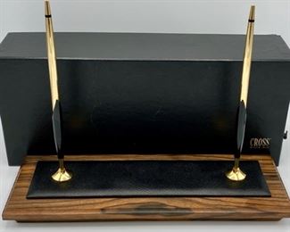 Lot 5228. $1,995.00  VERY RARE Vintage Cross Solid 14k Gold (41.1 Grams) Double Base Desk Set #5286 Macassar Walnut & Leather, 14k Gold Pen & Pencil. 41.1 grams of 14K Gold. This is unique in that it is New and with original box set as opposed to Pen and Pencil alone.  We are simultaneously running this on eBay as well.  Scroll down to Lot 5228 for additional photos.