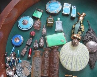 Lalique Perfumes and others. Compacts. Salt Spoons. Mesh Purse with Compact. Latticino Perfume.