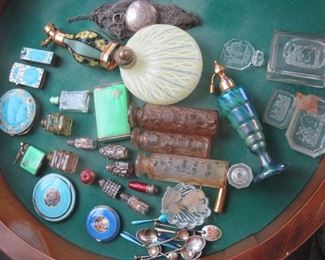 Lalique Perfumes and others. Compacts. Salt Spoons. Mesh Purse with Compact. Latticino Perfume.