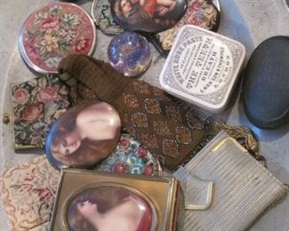 Miniature oval porcelain paintings. Beaded items.