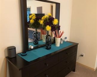 modern black dresser with mirror, six drawer dresser, bedroom furniture, bedroom decor 