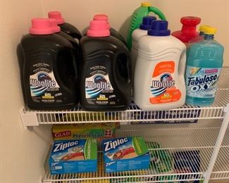 Laundry detergent, cleaning supplies, ziploc bags